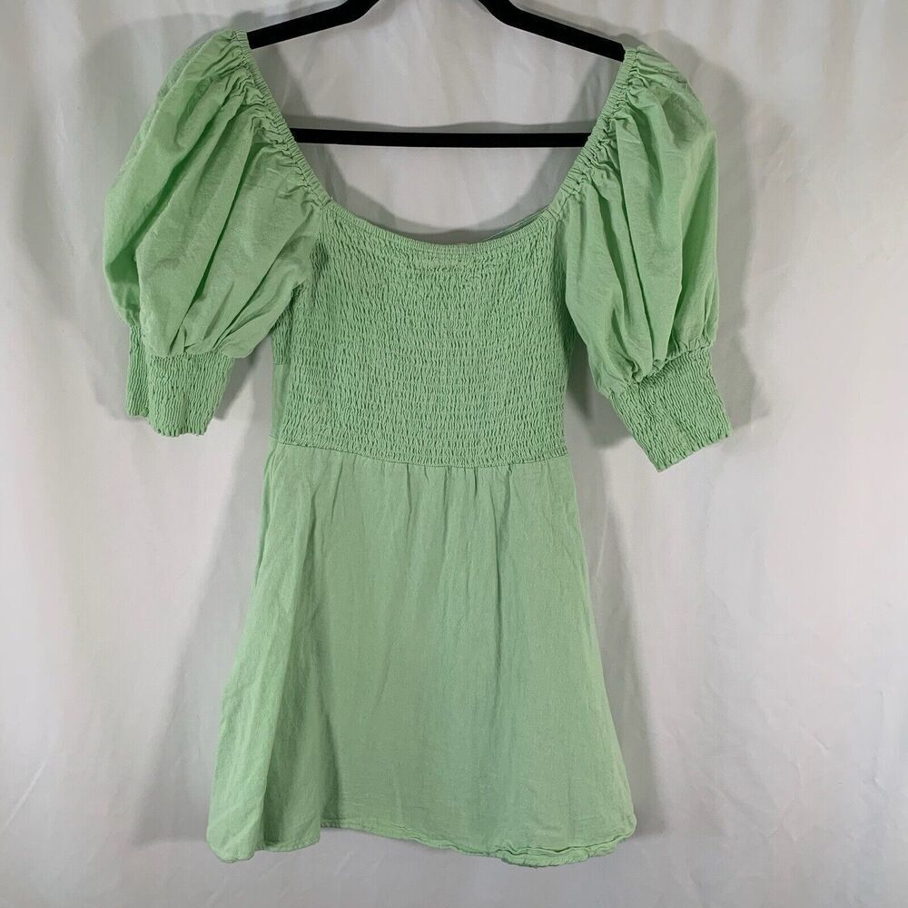 Showpo Mini Dress Women's 2 Green Puff Short Sleeve Square Neck Short Smocked - Picture 6 of 7